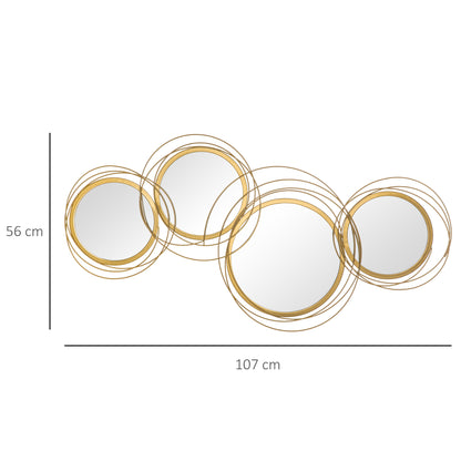 HOMCOM Metal Wall Mirrors, 107cm Modern Decorative Gold Mirror Decor Hanging, Home Wall Sculptures for Living Room Bedroom Dining Room