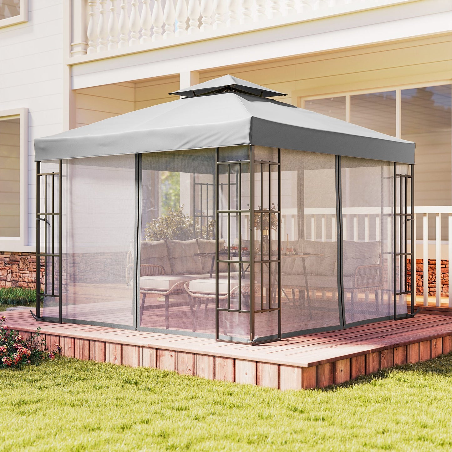 Outsunny 3 x 3(m) Patio Gazebo Canopy Garden Pavilion Tent Shelter with 2 Tier Roof and Mosquito Netting, Light Grey--ChewyGames-ChewyGames
