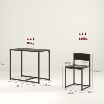 HOMCOM Dining Table and Chairs Set 2, Dining Room Sets, Rectangular Space Saving Table and 2 Chairs for Compact Kitchens, Steel Frame, Black