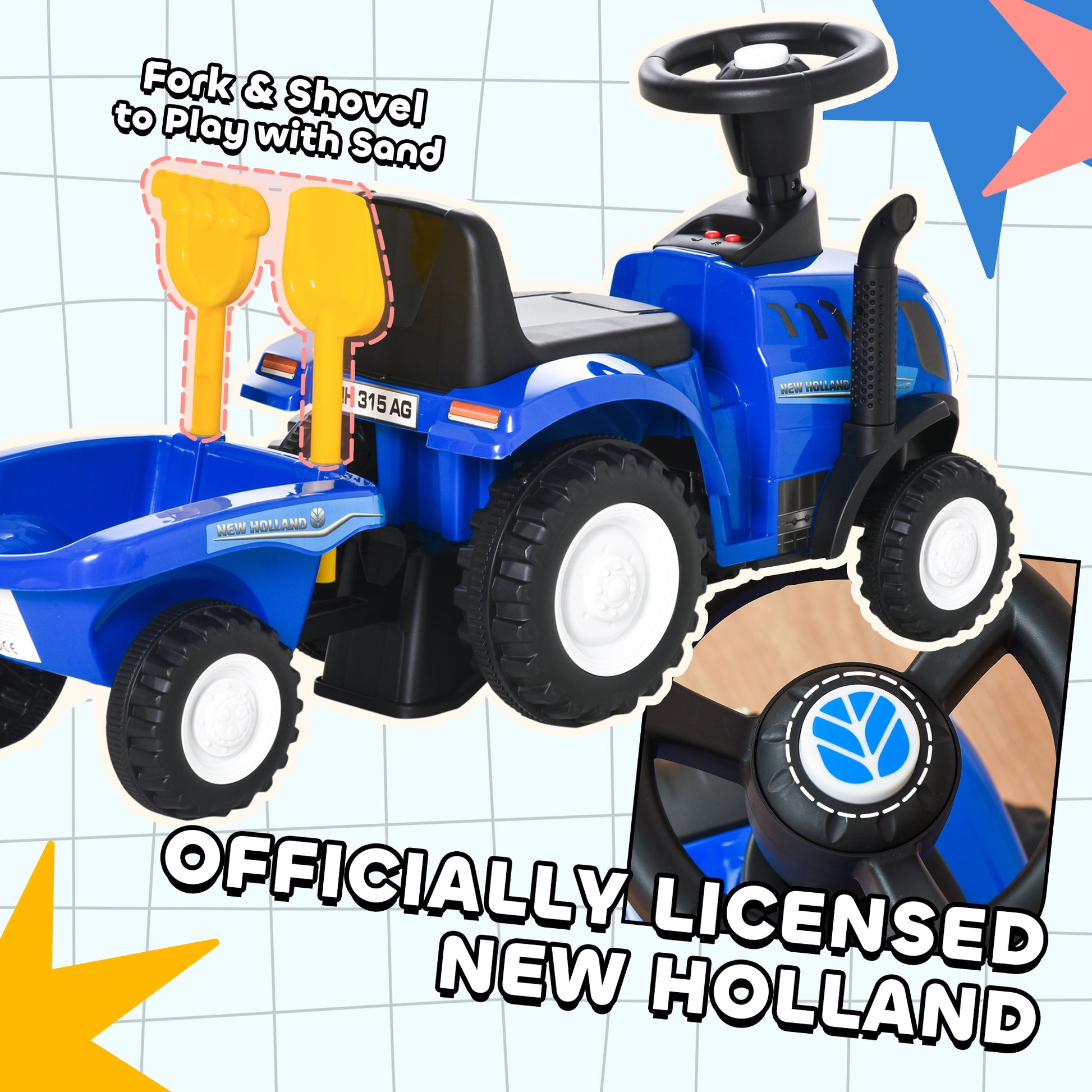 HOMCOM Ride On Tractor Toddler Walker Foot To Floor Slider w/ Horn Storage Steering Wheel for 1-3 Years Old Blue--ChewyGames-ChewyGames
