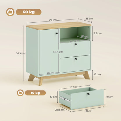 HOMCOM Sideboard Storage Cabinet, 80 cm Buffet Cabinet with 2 Drawers, Open Compartment, Adjustable Shelf, Light Green and Oak