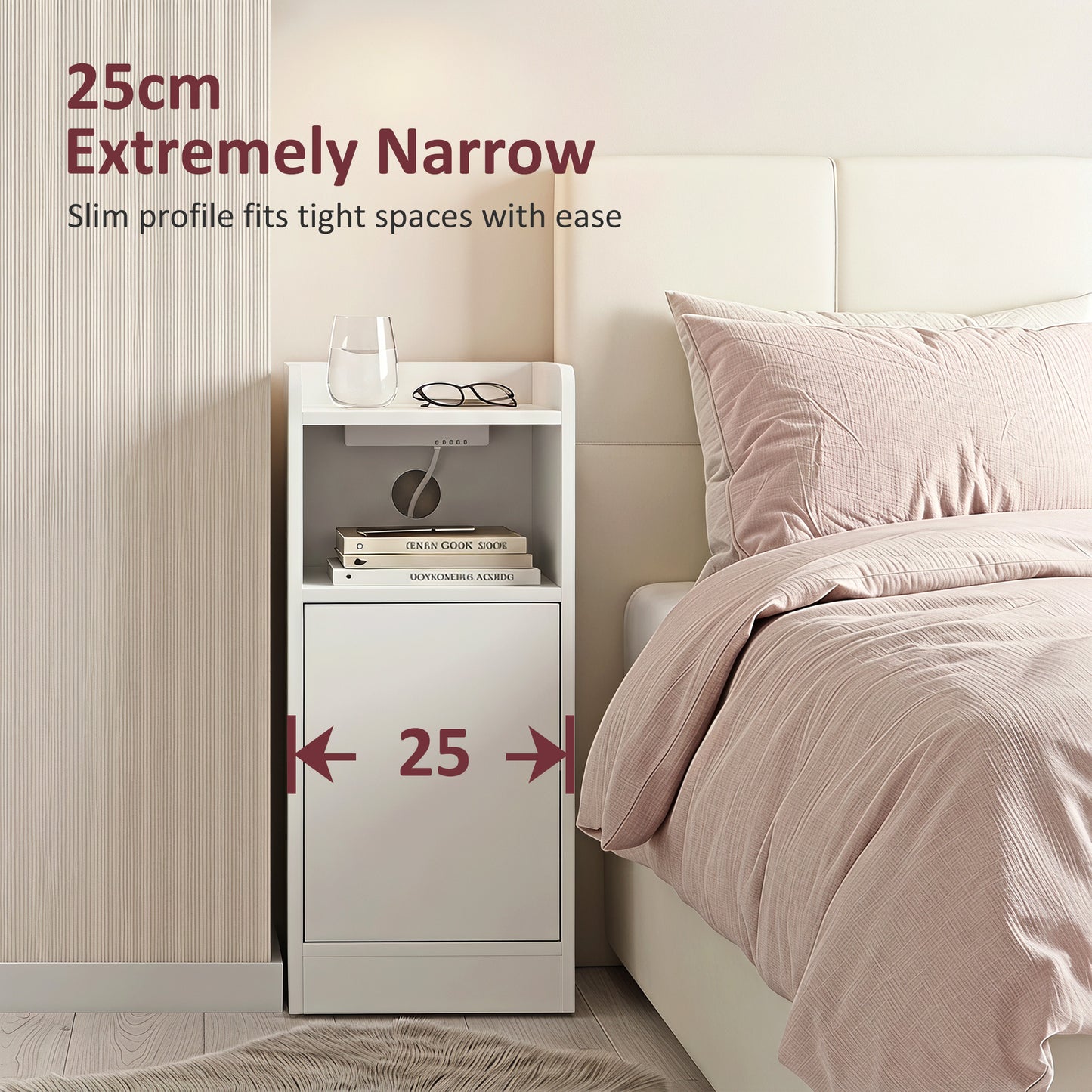 HOMCOM Slim Bedside Table Set of 2 with Charging Station, Narrow Bedside Cabinet with Adjustable Shelf, White
