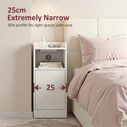 HOMCOM Slim Bedside Table Set of 2 with Charging Station, Narrow Bedside Cabinet with Adjustable Shelf, White