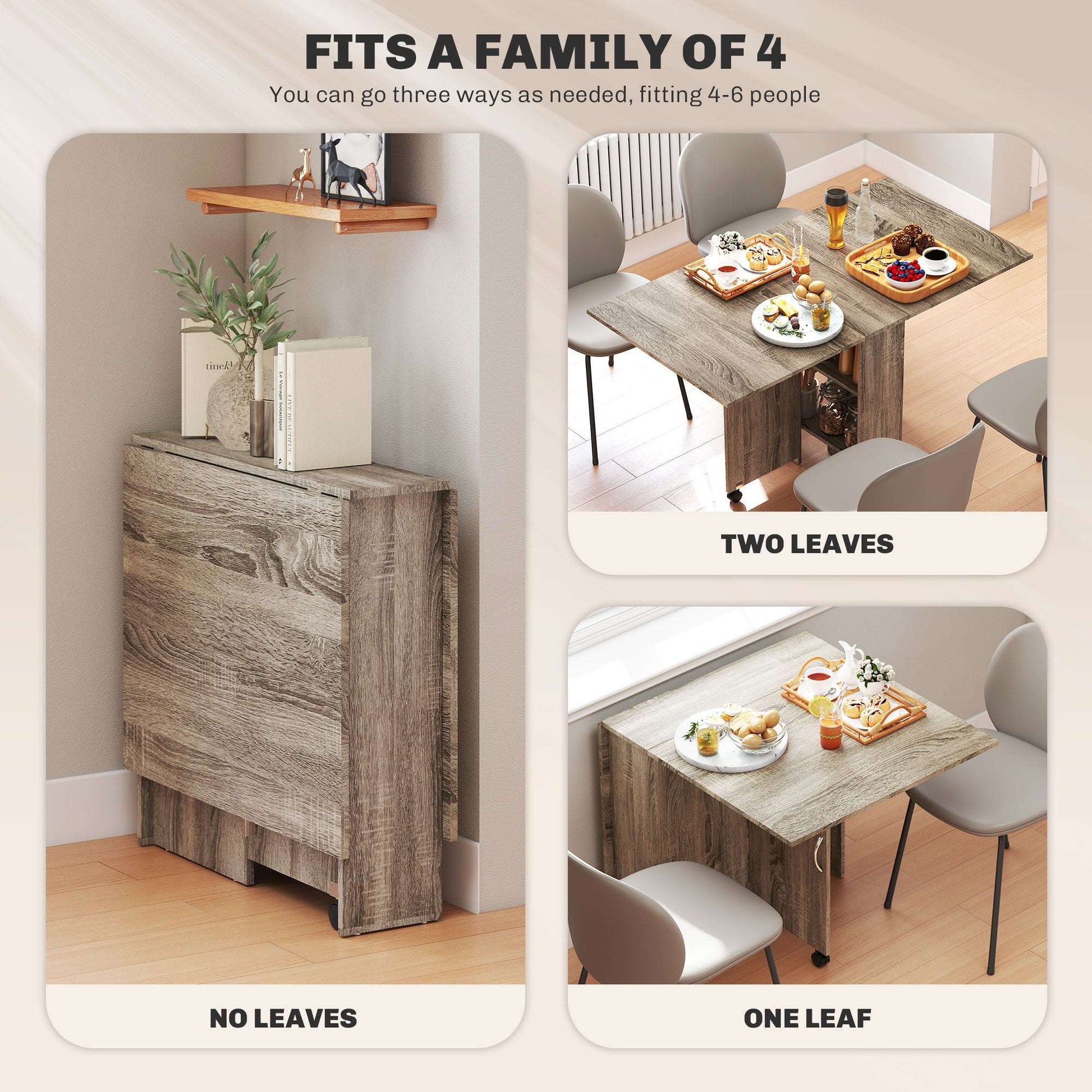 HOMCOM 80-140 cm Folding Dining Table for 4-6 People, Drop Leaf Table with 2-Tier Shelves, Rolling Casters, for Small Spaces, Kitchen, Flat, Dining Room, Grey