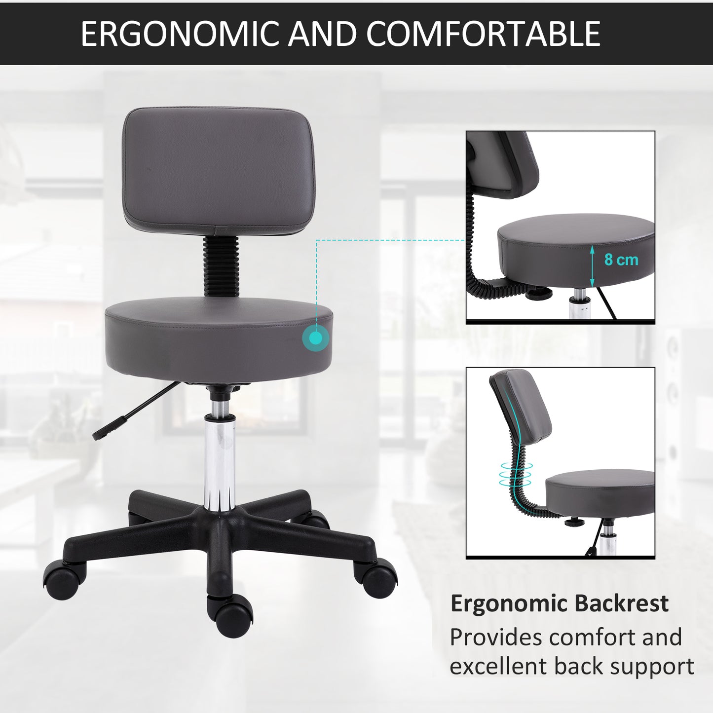 HOMCOM Beautician's Swivel Salon Chair w/ Padded Seat Back 5 Wheels Adjustable Height Salon Hairdressers Tattoo Spa Rolling Cushion Professional 35cm Grey--ChewyGames-ChewyGames