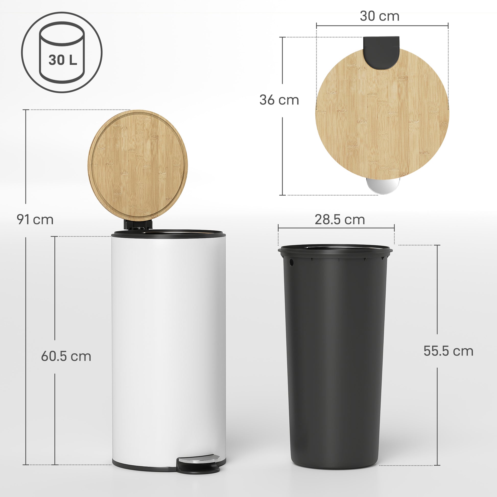 HOMCOM Kitchen Bin, 30 Litre Pedal Rubbish Bin with Removable Bucket, White and Natural--ChewyGames-ChewyGames