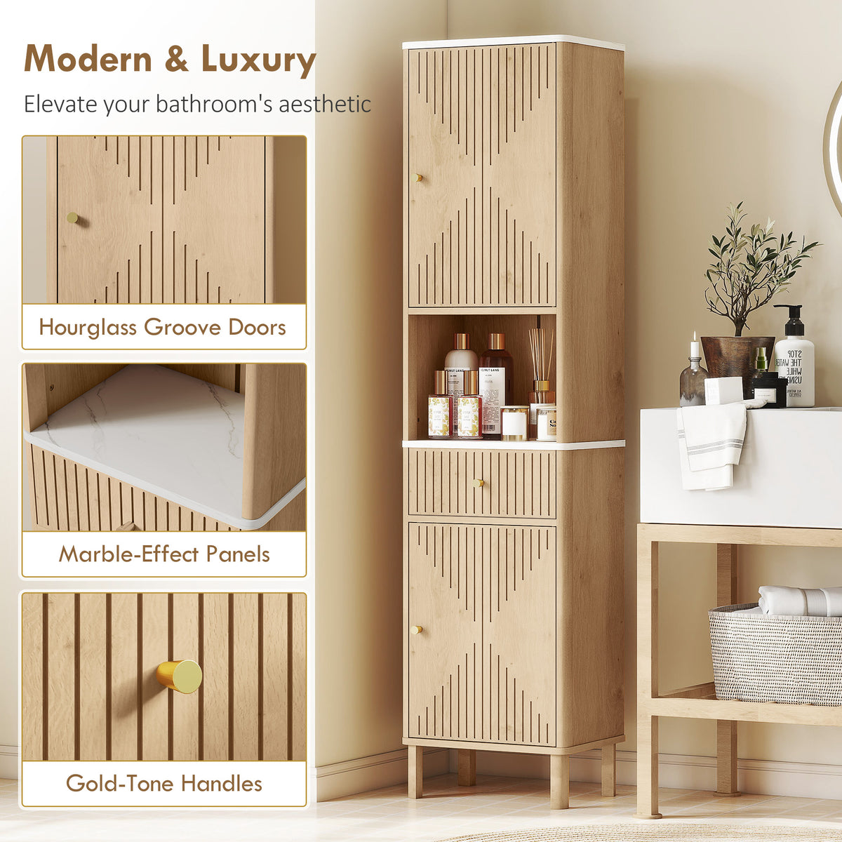 HOMCOM Slim Bathroom Cabinet with Silent Drawer Rail for Scandinavian, Japanese Styles - Wood-Effect-Bathroom Cabinets-ChewyGames-ChewyGames