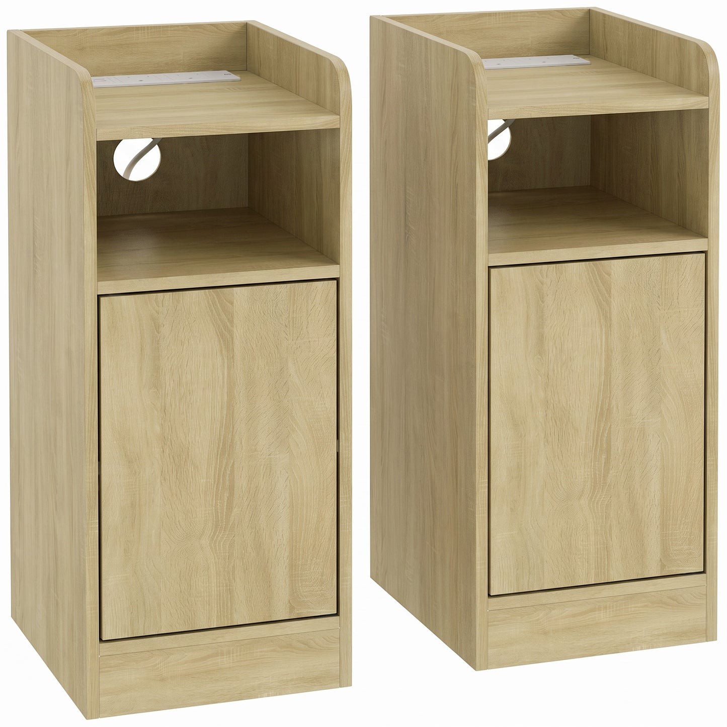 HOMCOM Slim Bedside Table Set of 2 with Charging Station, Narrow Bedside Cabinet with Adjustable Shelf, Oak