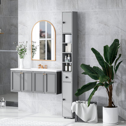 kleankin 180cm Slim Bathroom Cabinet, with Drawer, Shelves and Cupboards - Grey