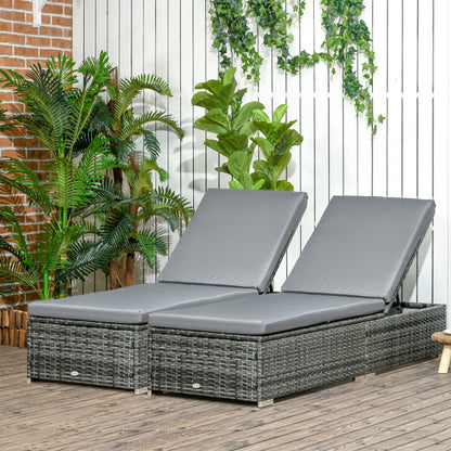 Outsunny PE Rattan Sun Loungers set of 2 with Cushion, Outdoor 2 Pieces Garden Sunbed Furniture with 5-Level Recliner Backrest, Reclining Patio Wicker Bed Chair, Grey--ChewyGames-ChewyGames
