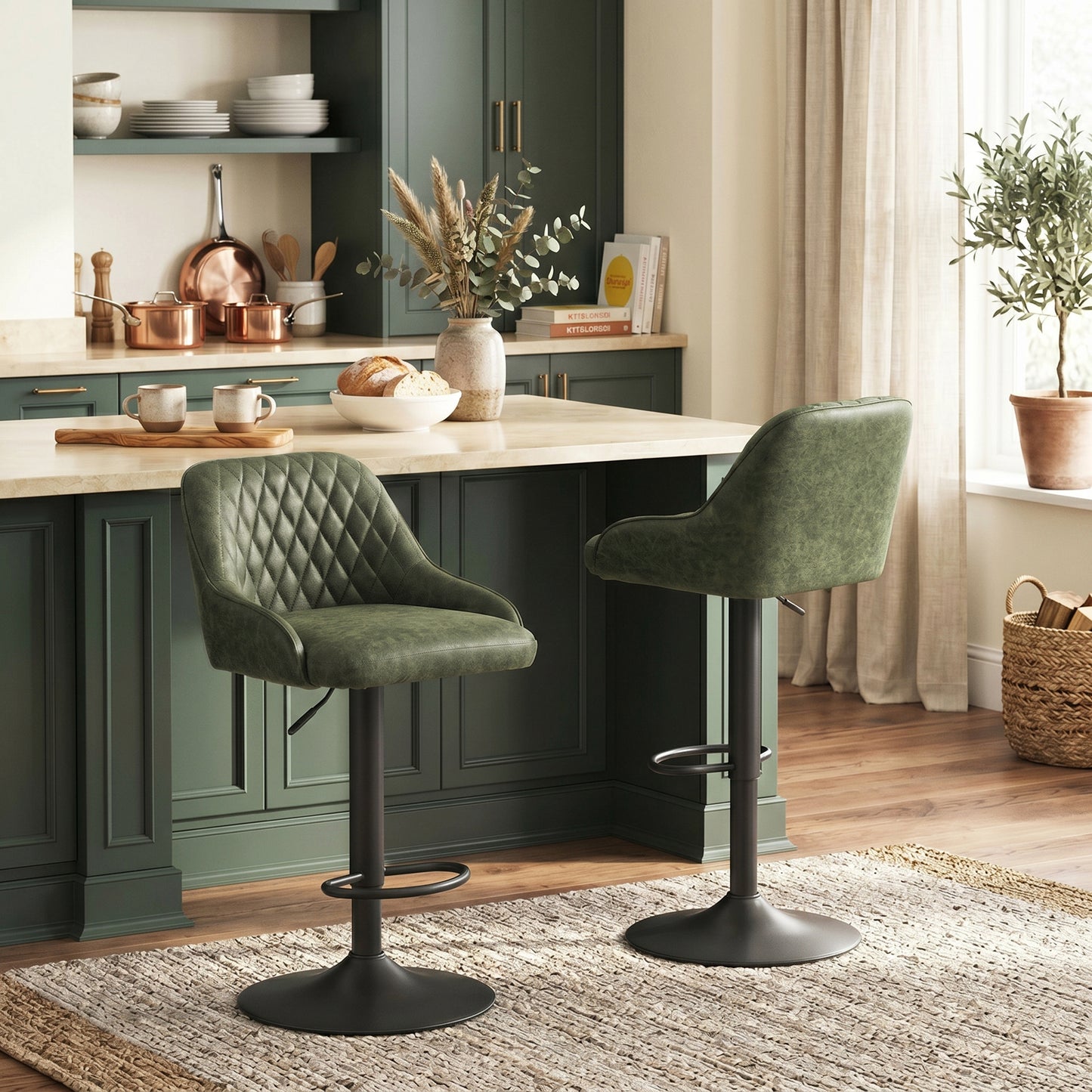 HOMCOM Bar Stools Adjustable Swivel Kitchen Chairs with Backrest Set of 2 for Kitchen Island Dark Green