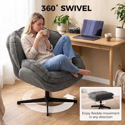 HOMCOM Armchair with Adjustable Footstool, 360° Swivel Chenille Cloud Accent Chair with Thick Cushion, Steel Base, Grey