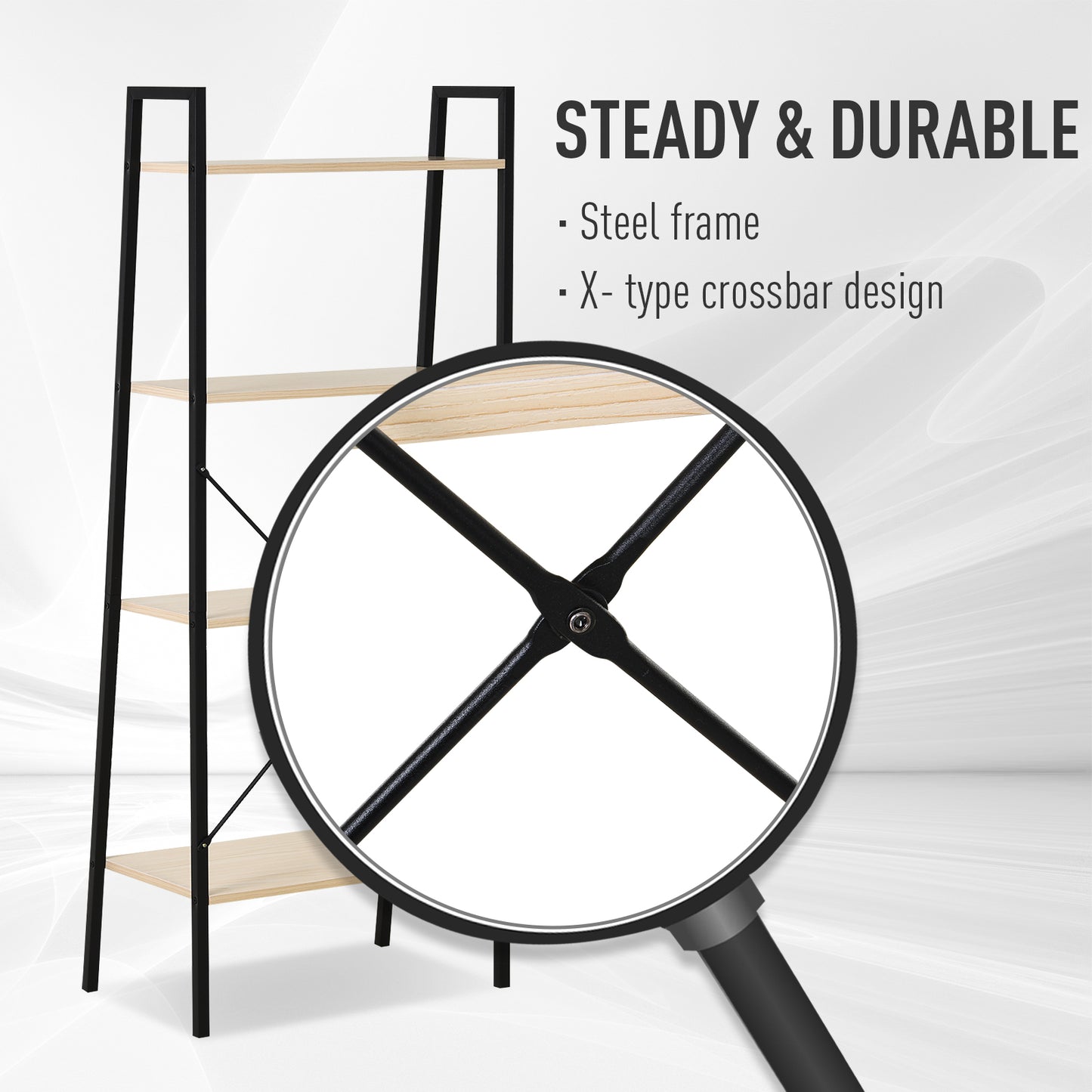 HOMCOM Ladder Shelf, Bookshelf, 4-Tier Industrial Storage Rack for Living Room, Bedroom, Kitchen, Oak and Black