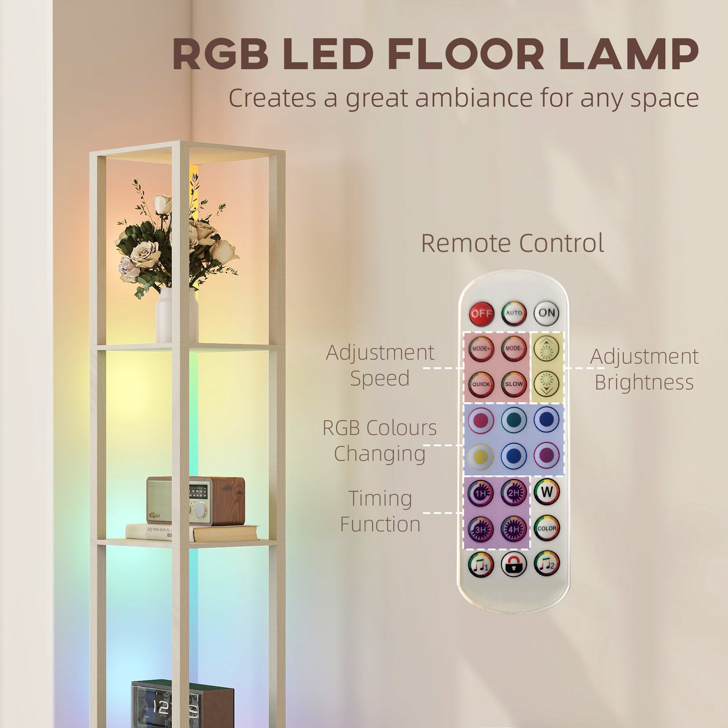 HOMCOM RGB LED Floor Lamp with Shelves, Modern Dimmable Standing Lamp with Remote Control, Adjustable Brightness & Speed for Living Room, Bedroom, Office, Oak