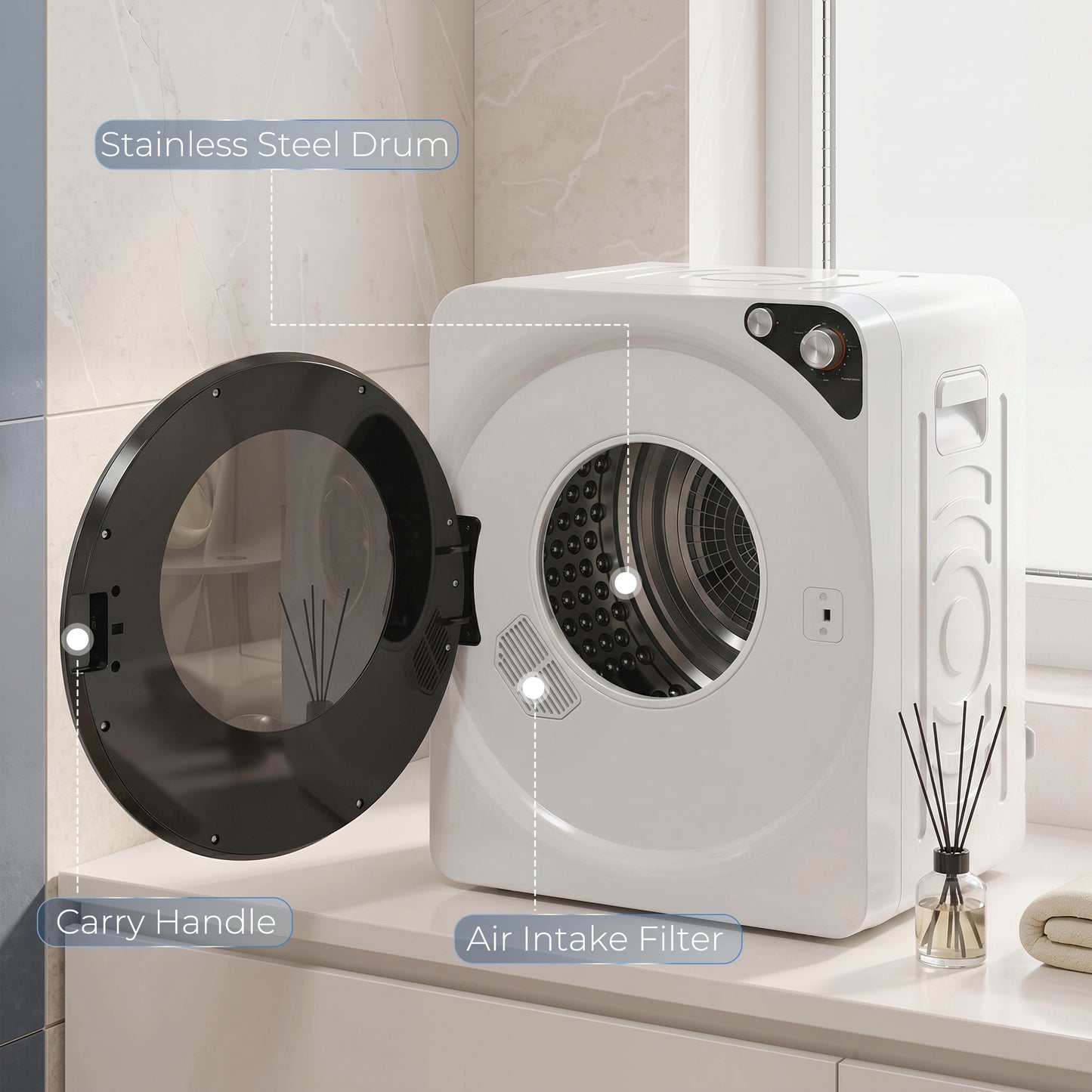 HOMCOM 5kg Vented Tumble Dryer, 1000W Compact Tumble Dryer with 5 Drying Modes, Stainless Steel Tub, White
