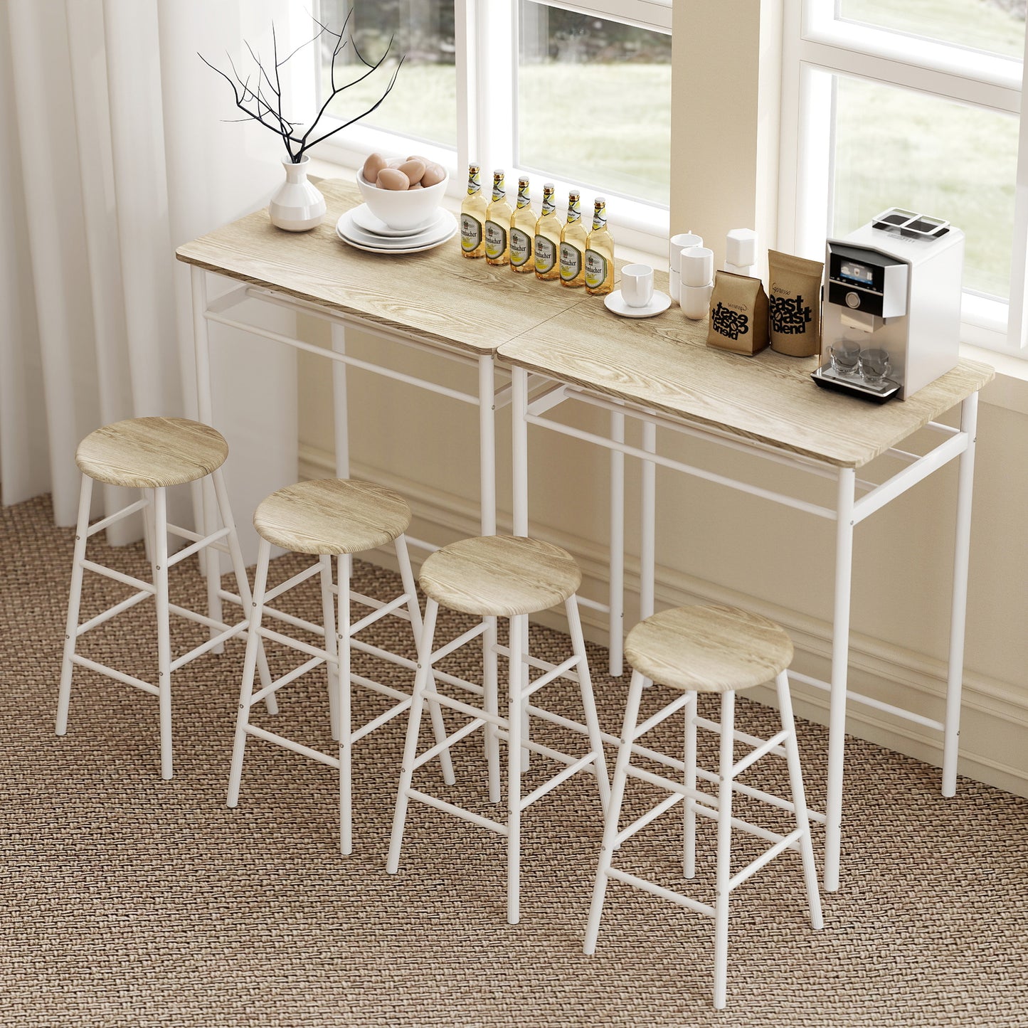 HOMCOM Bar Table Set, Bar Table and Stools Set, Footrest and Storage Shelf, for Kitchen, Dining Room, Pub, Cafe, White and Oak--ChewyGames-ChewyGames