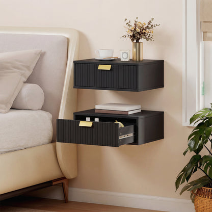 HOMCOM Modern Floating Nightstands Set of 2, Wall Mounted Bedside Tables with Wave Drawer Black