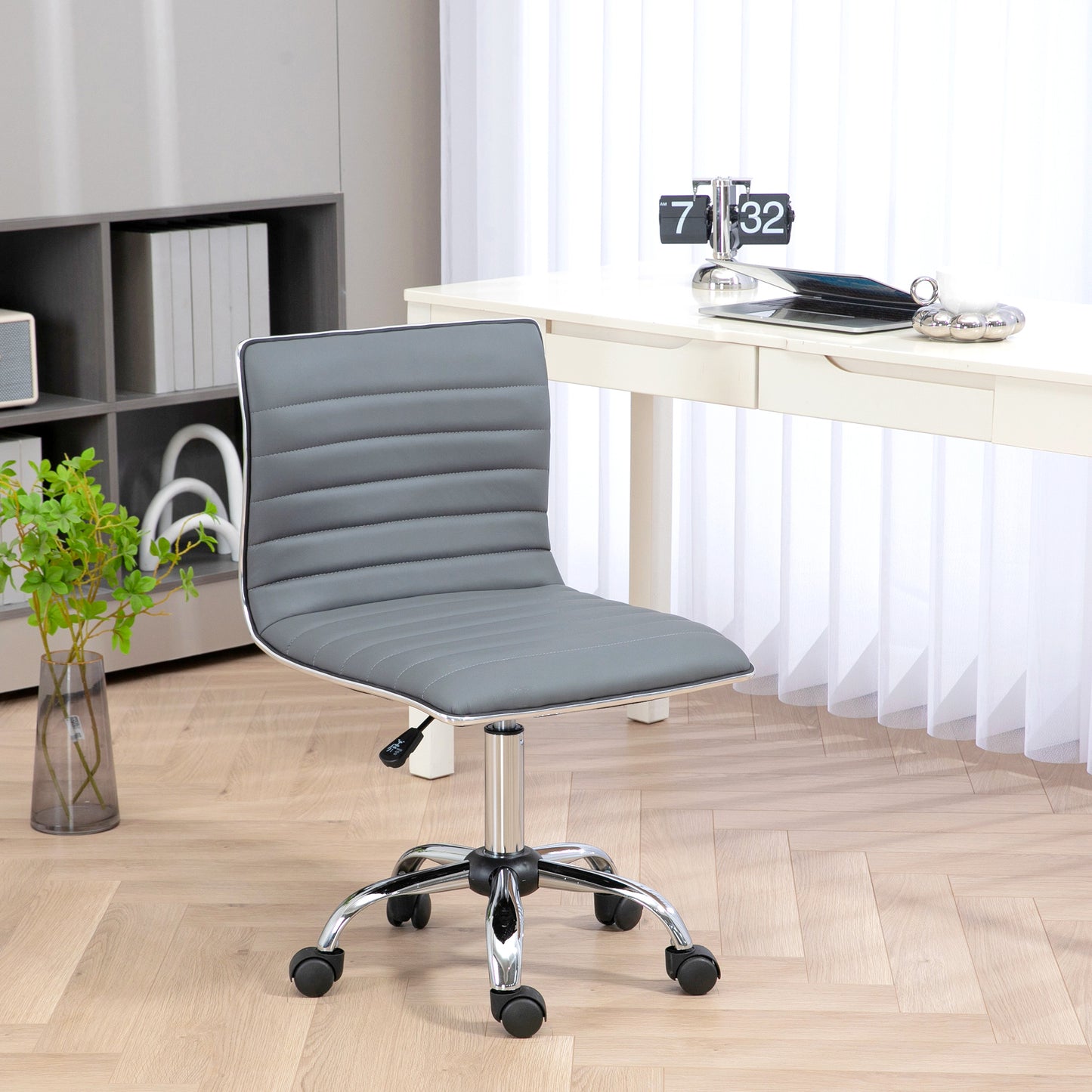 HOMCOM Armless Task Desk Chair, Swivel Office Chair with Faux Leather, Adjustable Seat Height, Chrome Base, Wheels for Home, Light Grey