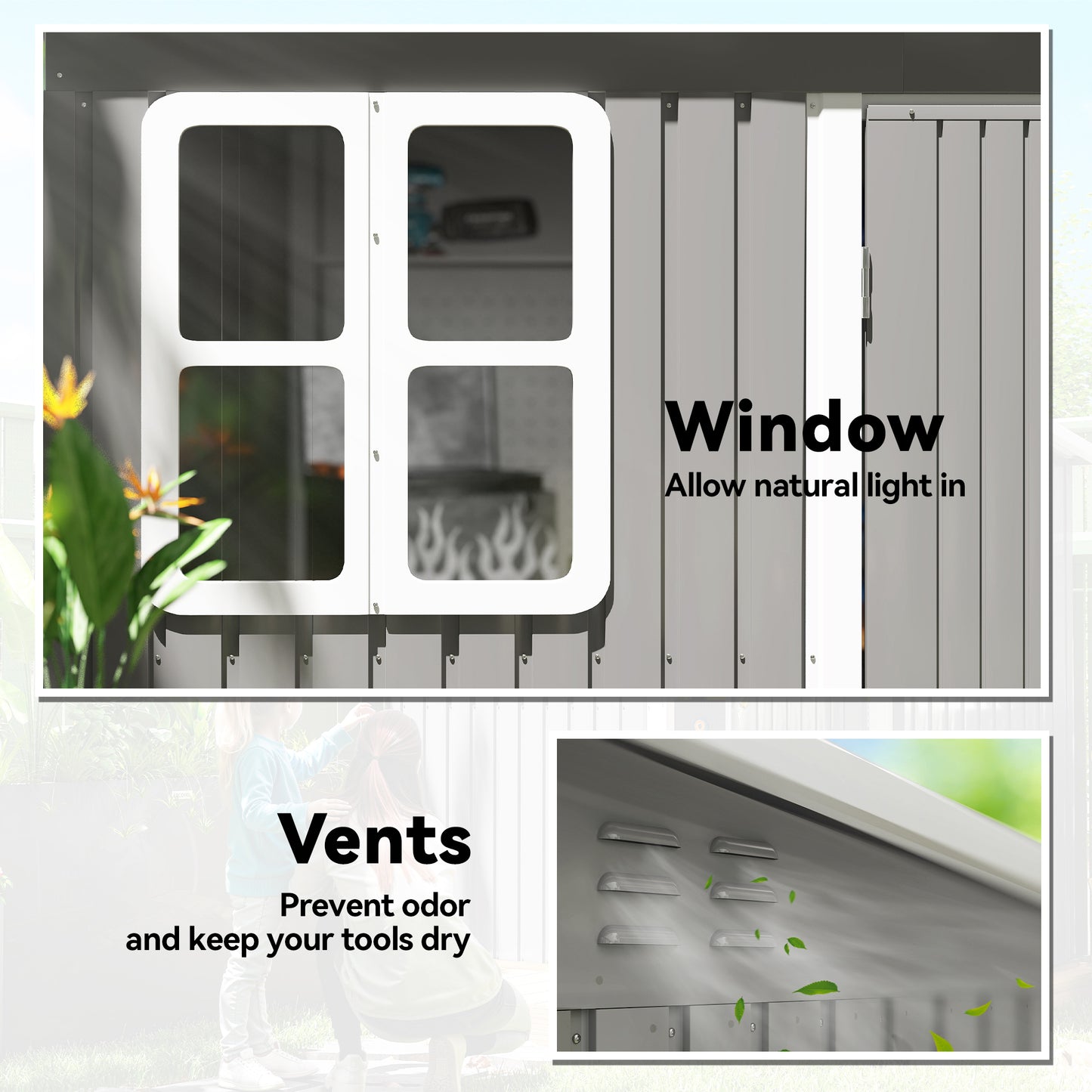 Outsunny 8.5 x 6ft Storage Shed Galvanised Steel Garden Shed, Metal Shed with Foundation Kit, Window, Lockable Wide Doors and Air Vents for Outdoor Patio, Light Grey