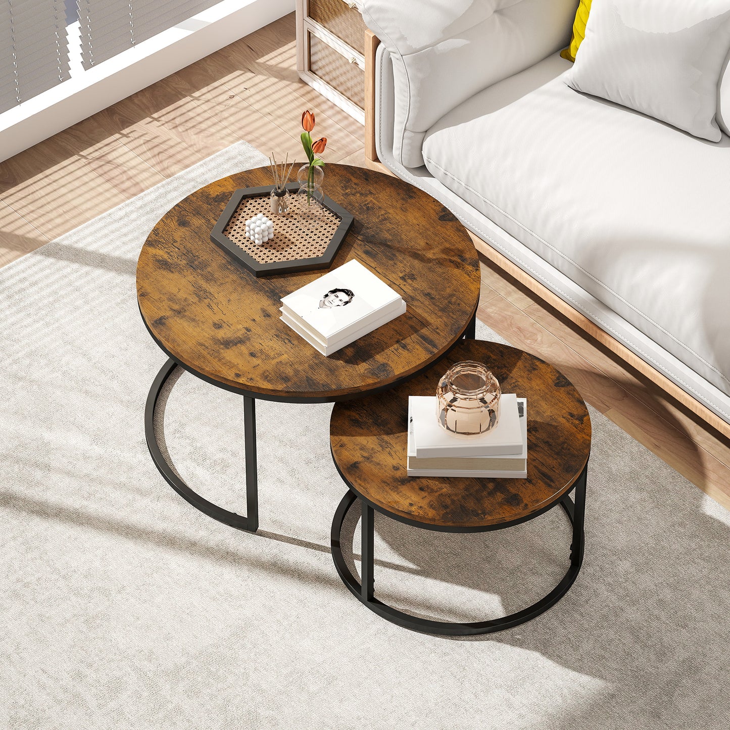 HOMCOM Set of Two Wood-Effect Stacking Tables - Rustic Brown