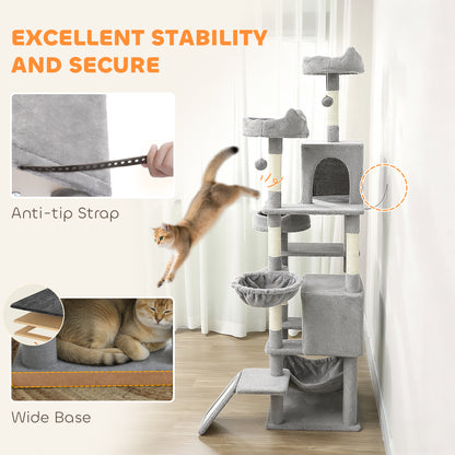 PawHut Cat Tree, 192 cm Large Multi-Level Cat Tower for Indoor Kittens with 8 Scratching Posts, 3 Plush Beds, 2 Hammocks
