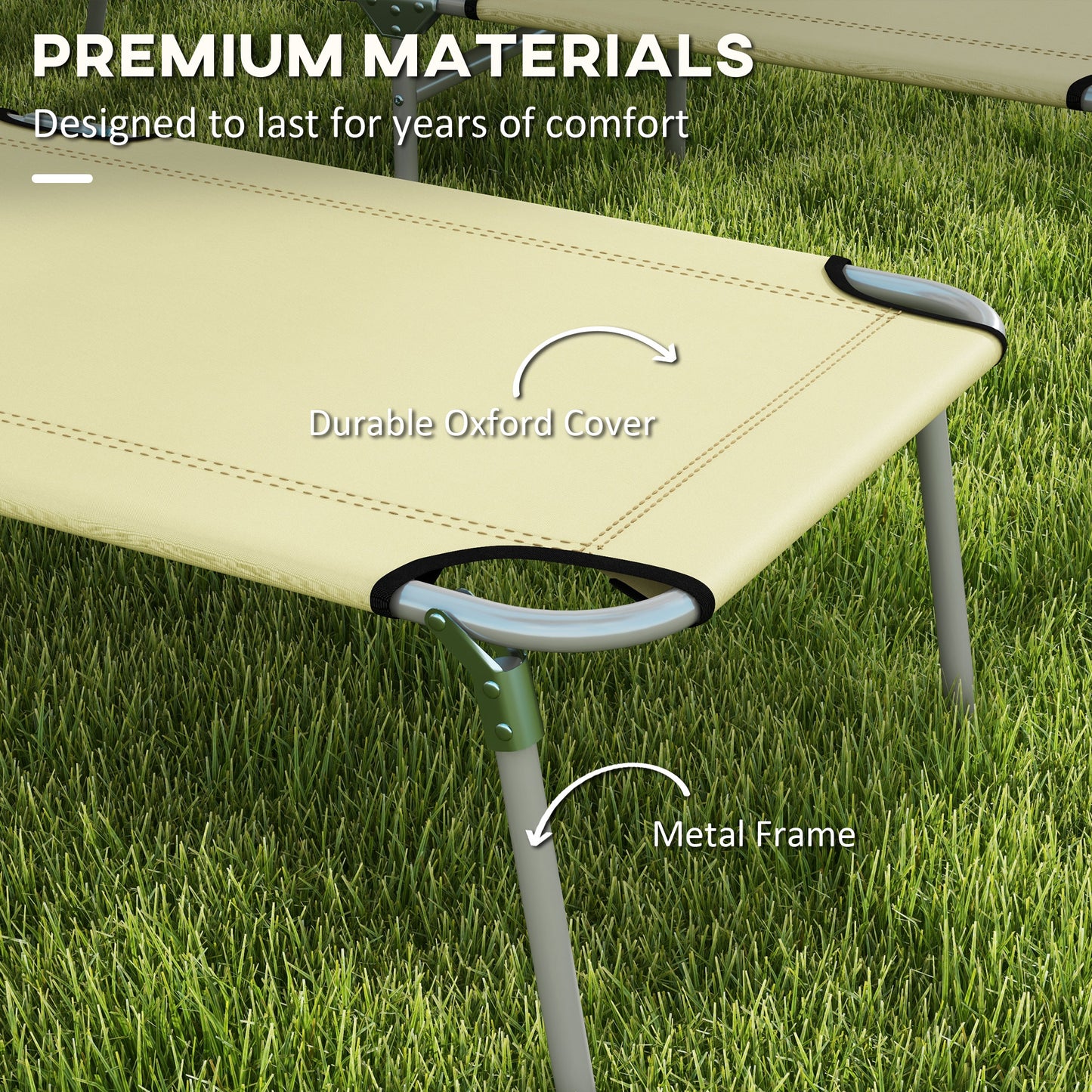 Outsunny Folding Sun Lounger Set of 2 with Canopy, Reclining Sunbed with 4-Position Adjustable Backrest, 600D Oxford Cloth, Portable Garden Lounger Recliner Chair for Beach, Camping, Patio, Beige
