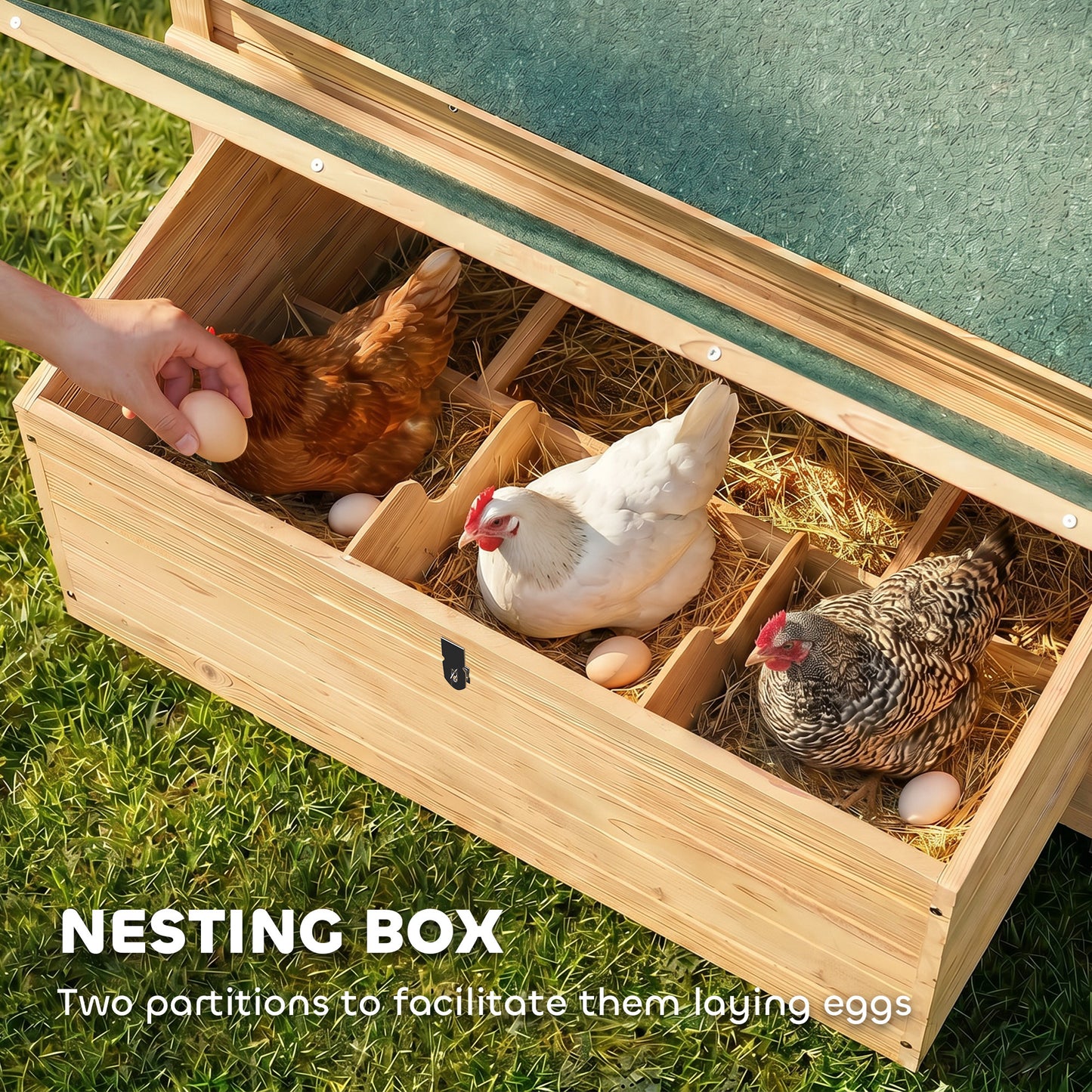 PawHut Chicken Coop, Wooden Outdoor Hen House with Nesting Box, Openable Waterproof Top, Pull-Out Tray, 150 x 100 x 97cm