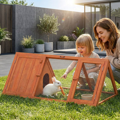 PawHut Rabbit Hutch, Wooden Guinea Pig Hutch with Run and Doors, Outdoor Triangle Bunny House for Rabbits,Duck and Chicken