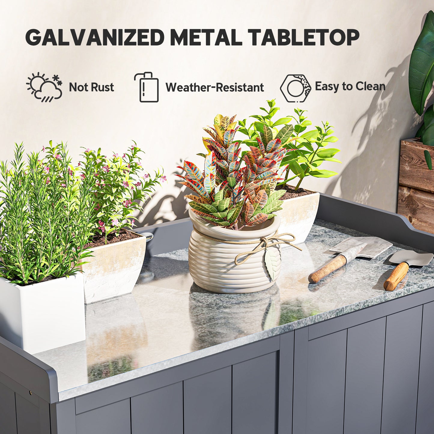 Outsunny Wood Garden Storage Cabinet, Outdoor Tool Shed, Potting Bench Table with galvanised Top and Two Shelves for garden Tools or Pool Accessories, Grey