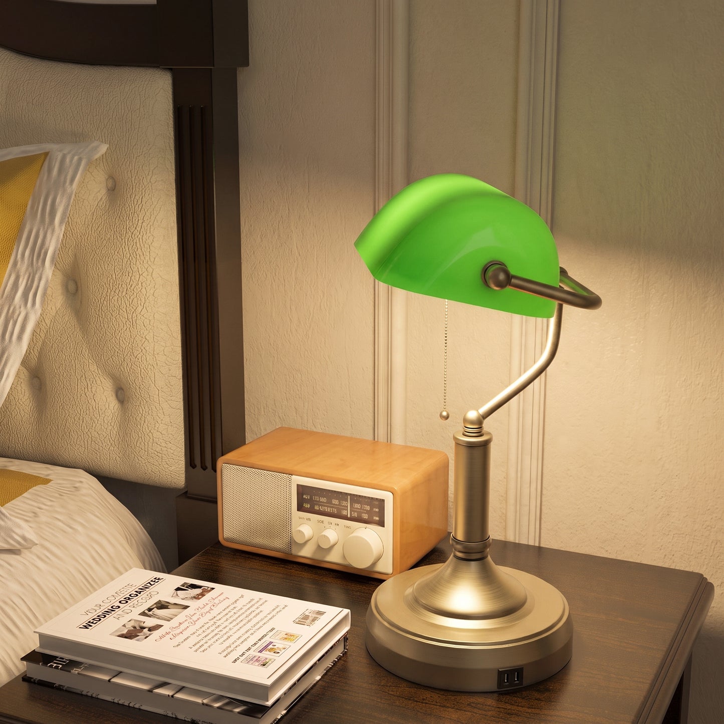 HOMCOM Desk Lamp with USB Ports, Banker's Table Lamp Desk Lamp with Vintage Bronze Tone Base and Pull Rope Switch, Green