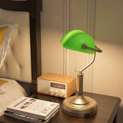 HOMCOM Desk Lamp with USB Ports, Banker's Table Lamp Desk Lamp with Vintage Bronze Tone Base and Pull Rope Switch, Green