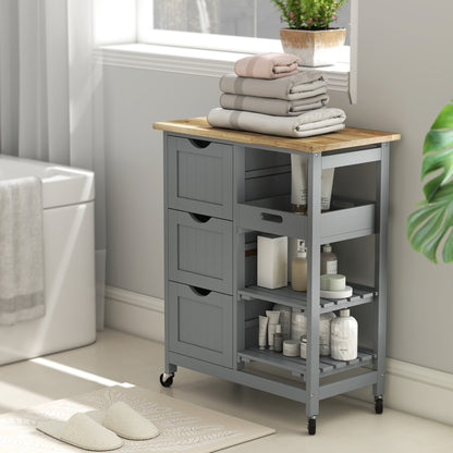 HOMCOM Rolling Kitchen Island Cart, Bar Serving Cart, Compact Trolley on Wheels with Wood Top, Shelves & Drawers, Grey