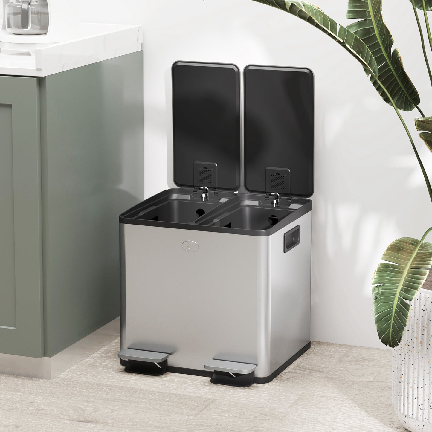 HOMCOM 30L Dual Compartment Stainless Steel Bin, with Deodoriser Holders - Silver Tone--ChewyGames-ChewyGames
