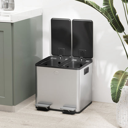 HOMCOM 30L Dual Compartment Stainless Steel Bin, with Deodoriser Holders - Silver Tone--ChewyGames-ChewyGames