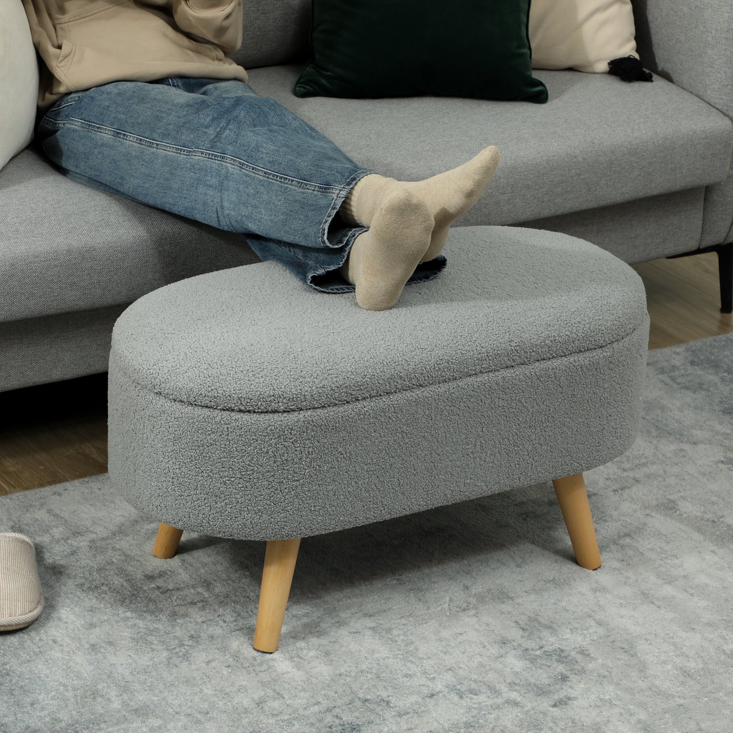 HOMCOM Teddy Fleece Storage Ottoman - Grey