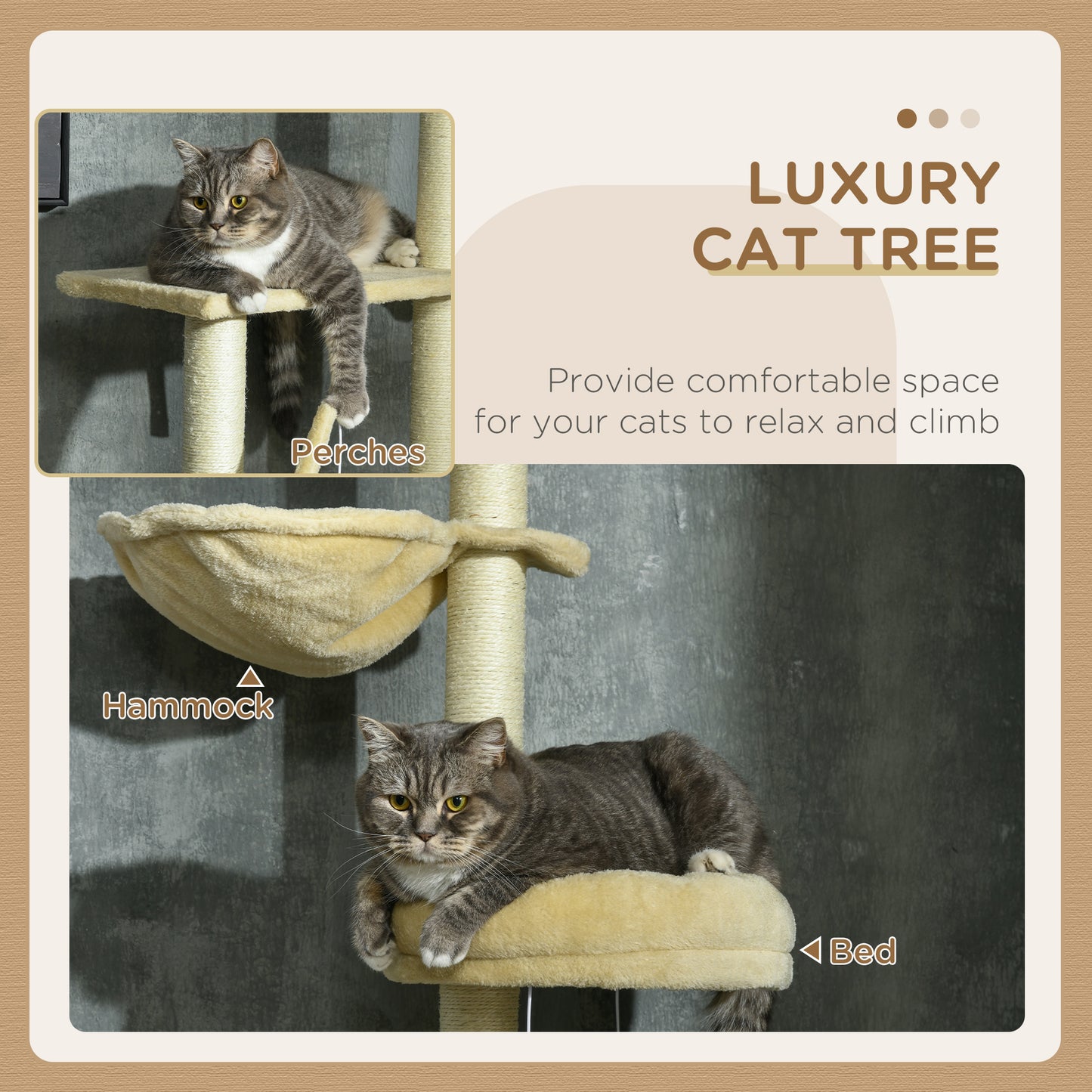 PawHut 230-250cm Floor-to-Ceiling Climbing Cat Tree Tower - Beige