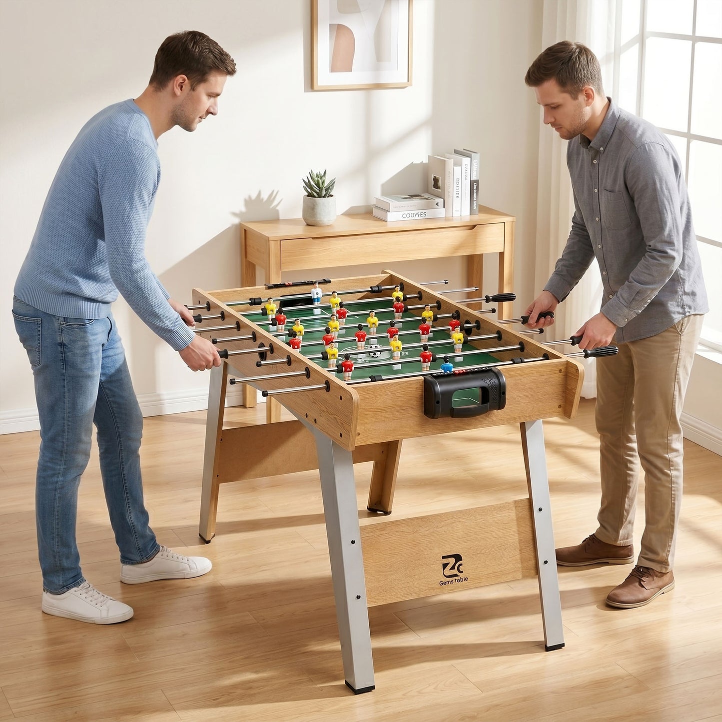 SPORTNOW 4ft Table Football, Foosball Game Table with 22 Players, 2 Balls and Manual Scorers for Family, Natural Wood Finish
