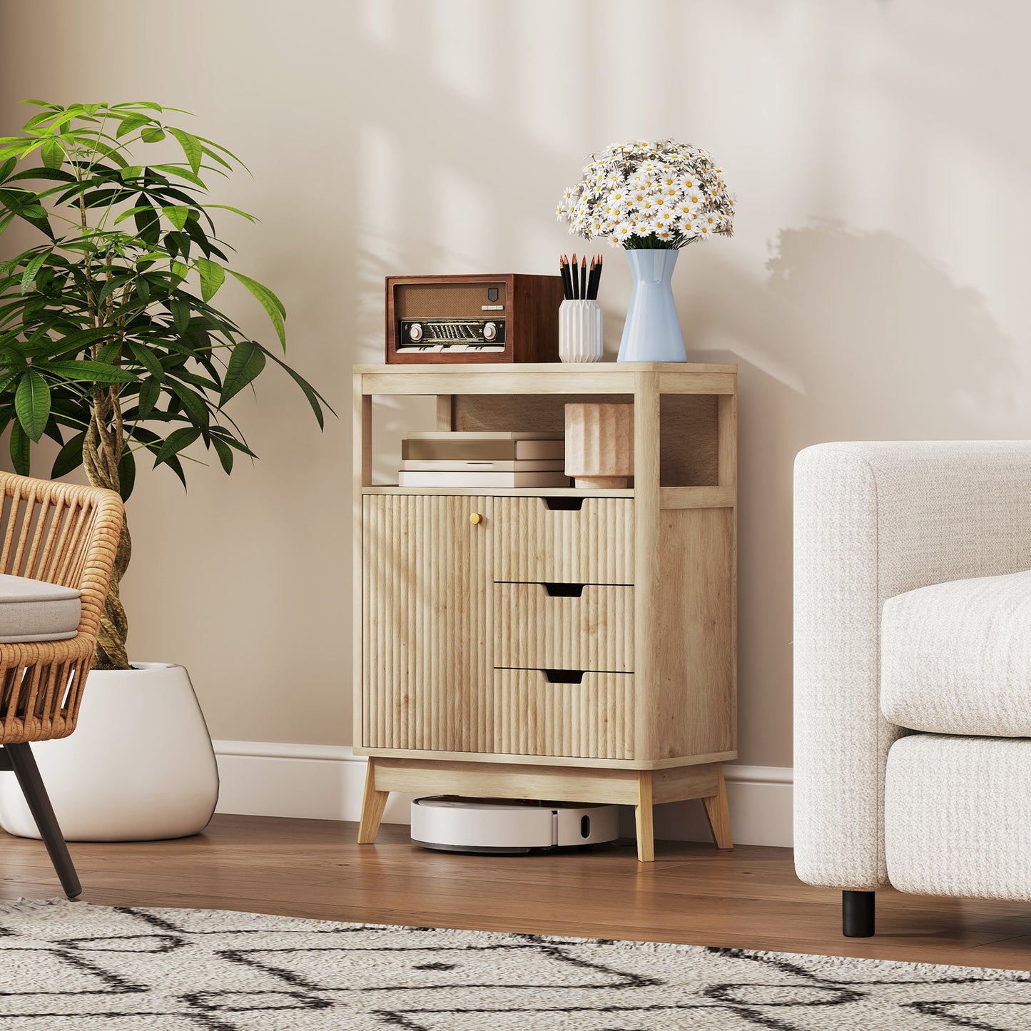 HOMCOM Small Sideboard with Drawers and Adjustable Shelf - Nature Wood Finish
