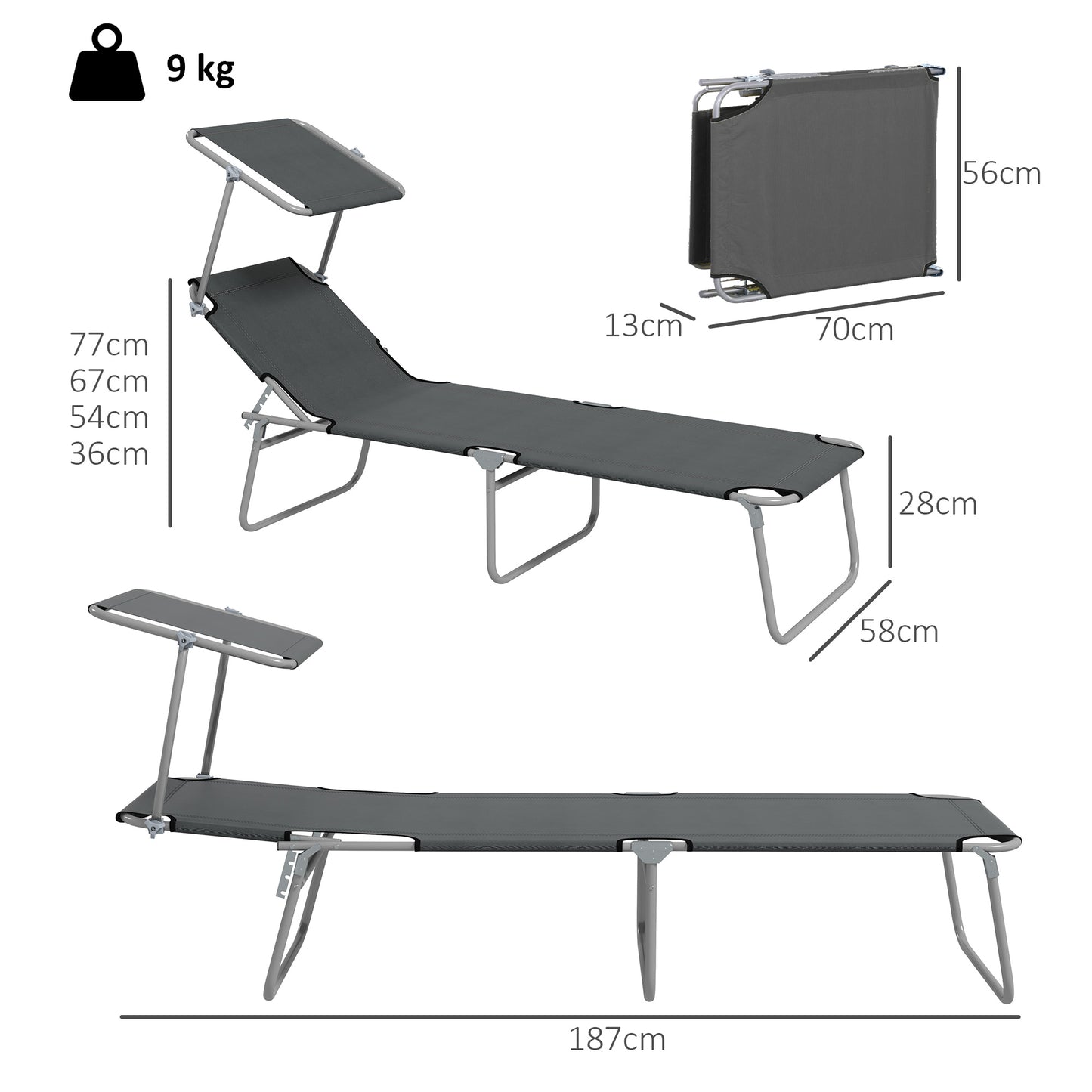 Outsunny Folding Sun Lounger Set of 2 with Canopy, Reclining Sunbed with 4-Position Adjustable Backrest, 600D Oxford Cloth, Portable Garden Lounger Recliner Chair for Beach, Camping, Patio, Grey