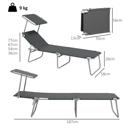 Outsunny Folding Sun Lounger Set of 2 with Canopy, Reclining Sunbed with 4-Position Adjustable Backrest, 600D Oxford Cloth, Portable Garden Lounger Recliner Chair for Beach, Camping, Patio, Grey