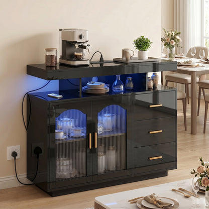 HOMCOM High Gloss Sideboard with LED Lights, Built-in Power Outlets, 3 Drawers, Shelves and 2 Acrylic Doors, Black