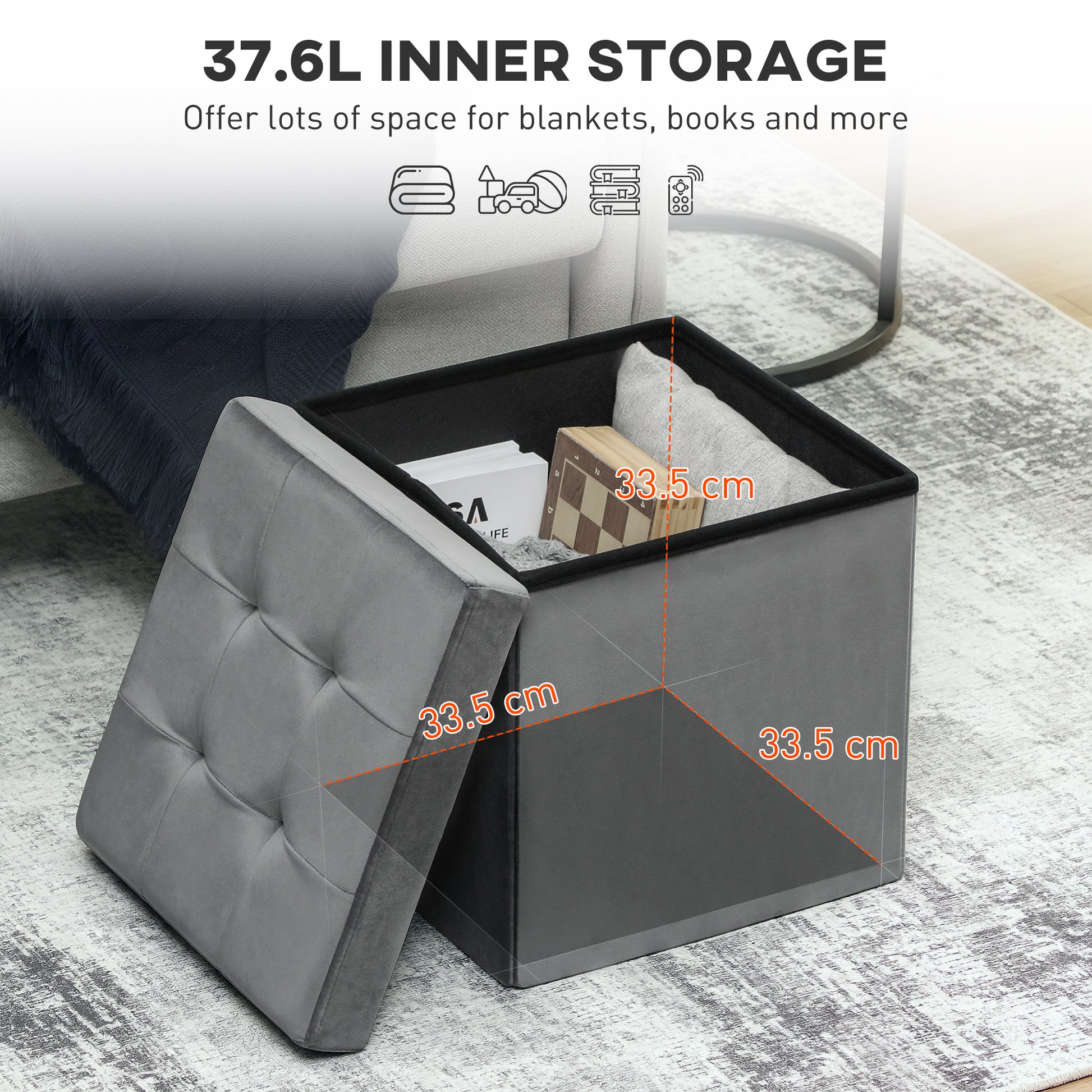 HOMCOM Foldable Velvet-Feel Storage Ottoman - Grey--ChewyGames-ChewyGames