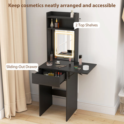 HOMCOM Small Vanity Desk with Mirror and LED Lights, Compact Dressing Table with Drop Leaf, Open Shelves and Drawer, Black