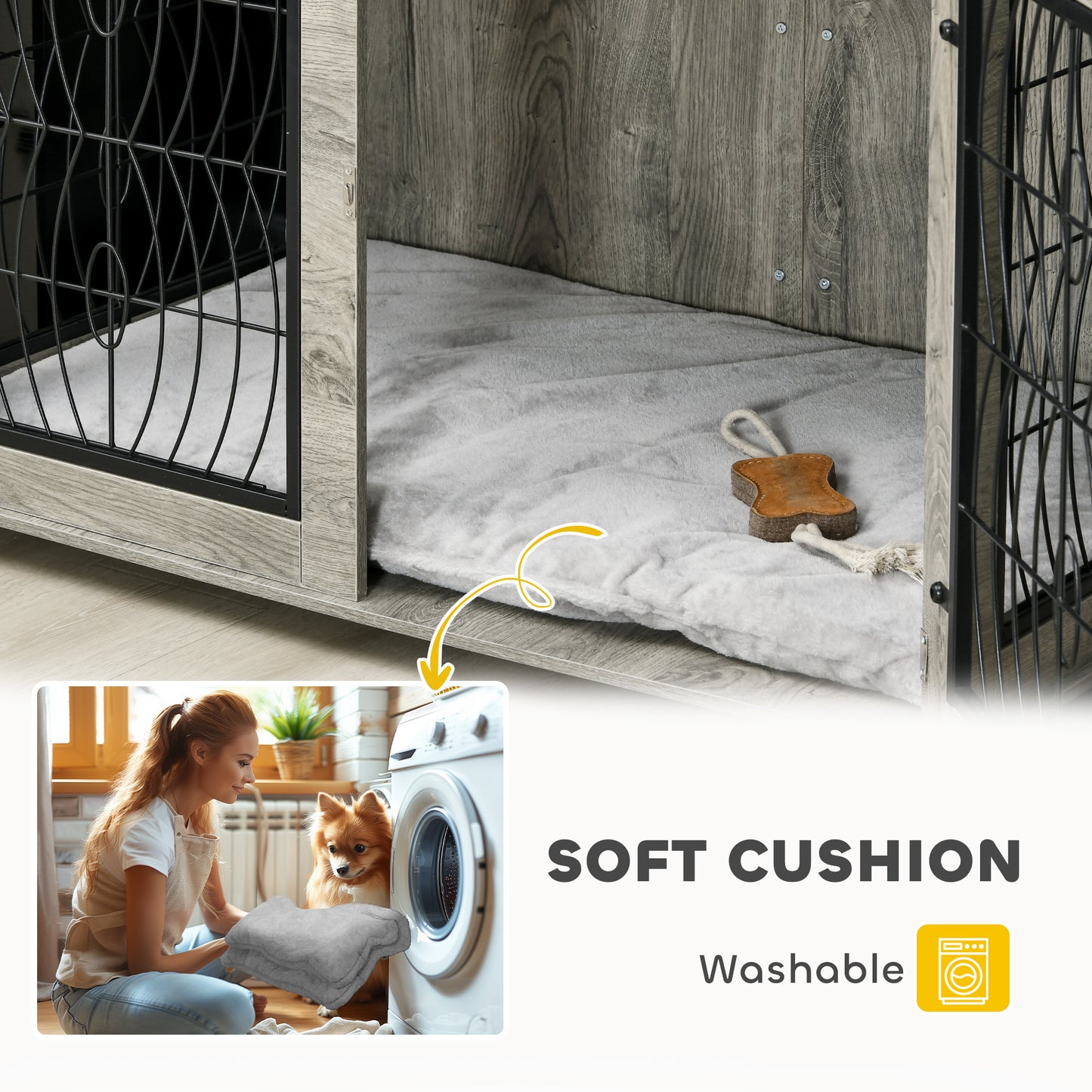PawHut Indoor Dog Crate Furniture End Table with Soft Washable Cushion, Lockable Front Door, for Medium Dogs - Black