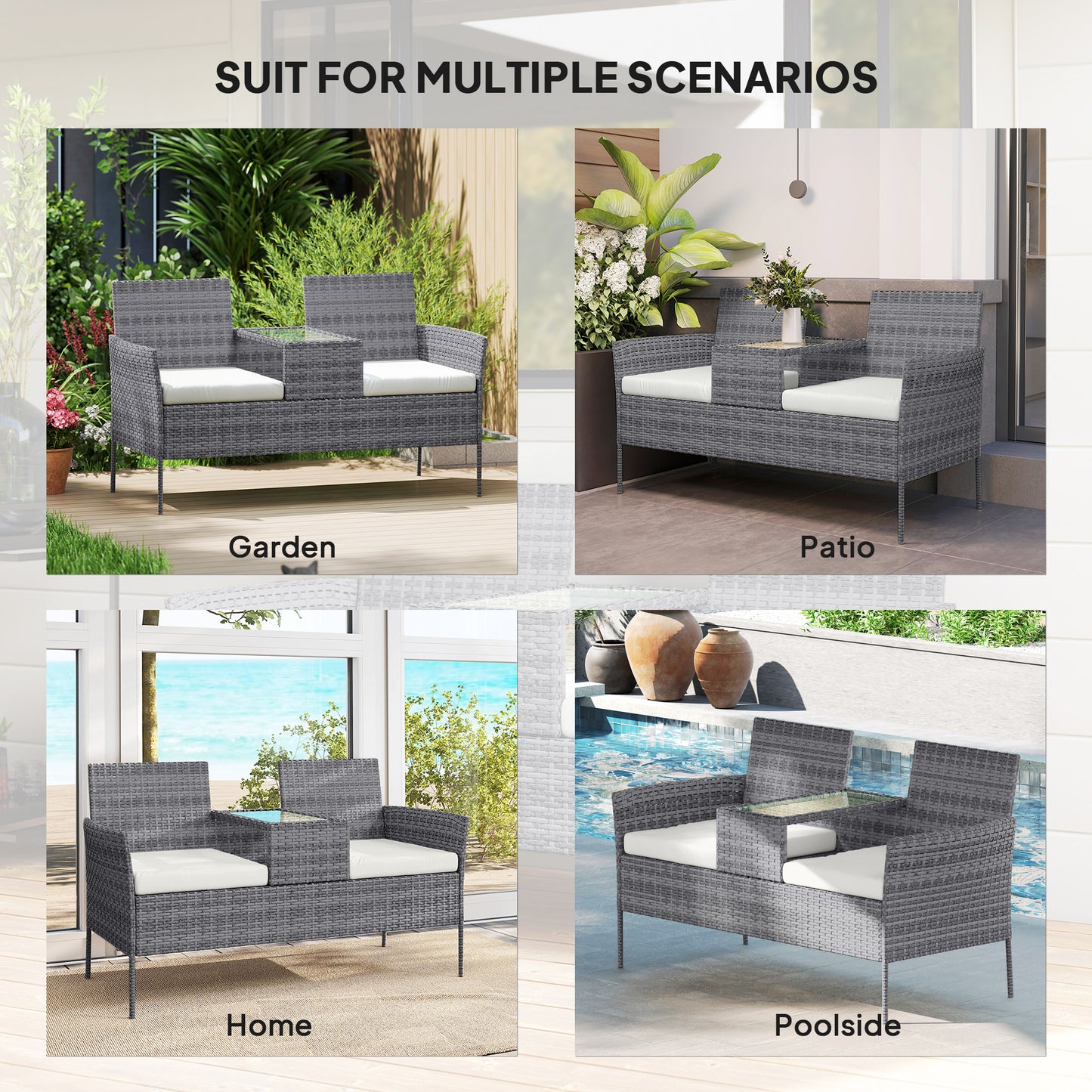 Outsunny Two-Seat Rattan Chair, with Middle Table - Grey