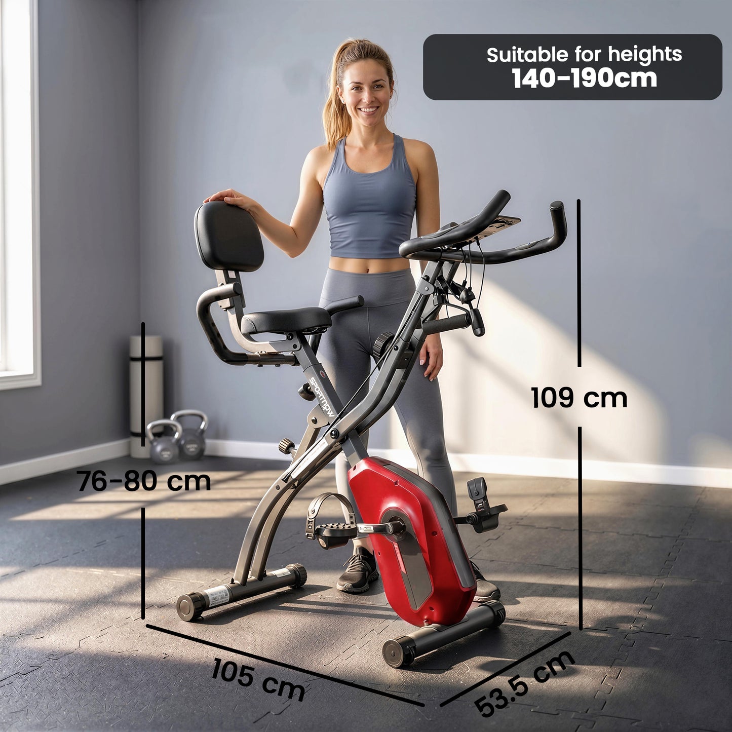 SPORTNOW 4-In-1 Folding Exercise Bike with Resistance Bands, Bluetooth App, 8-Level Magnetic Resistance, LCD Display, Red