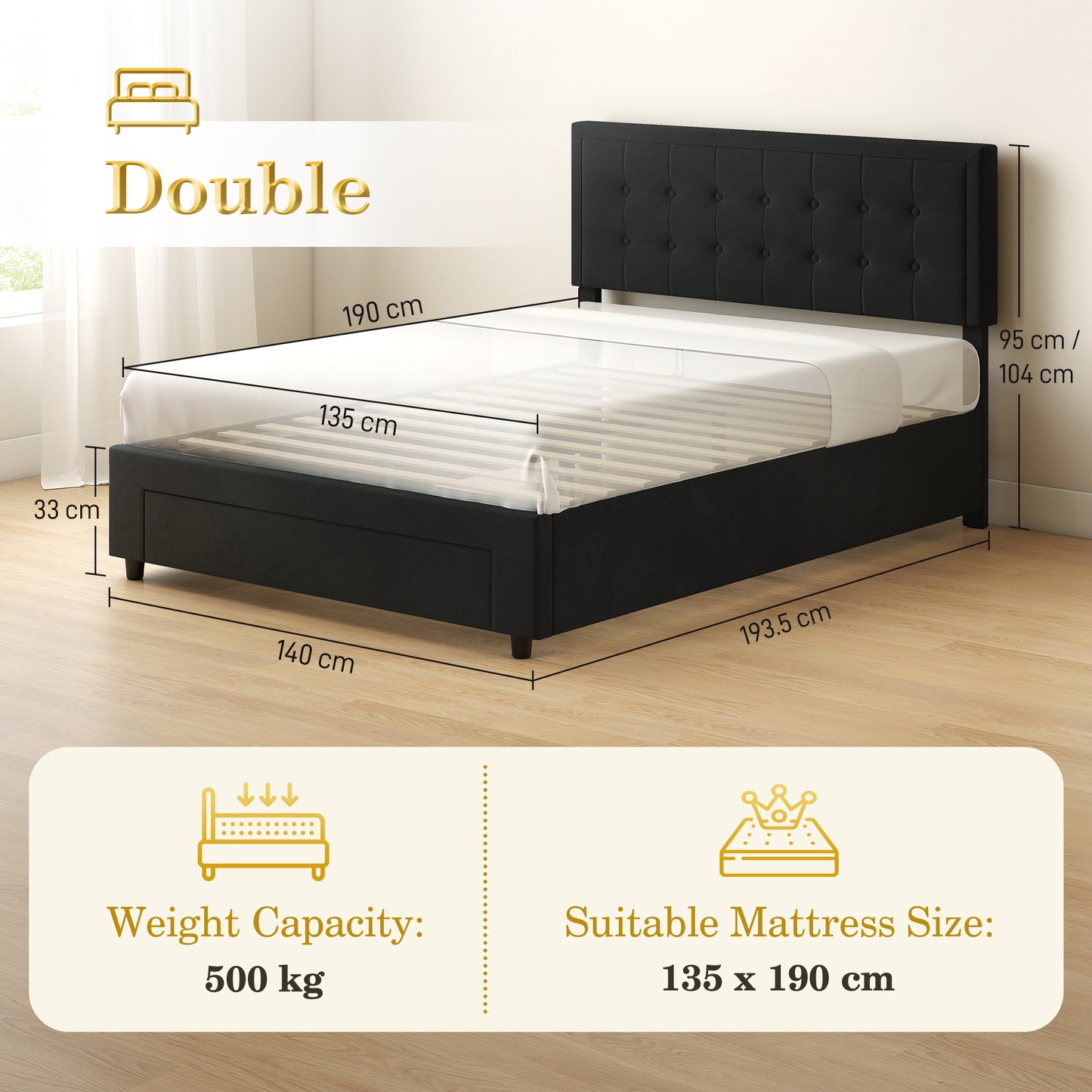 HOMCOM Double Ottoman Bed Frame, with Front Drawer Black