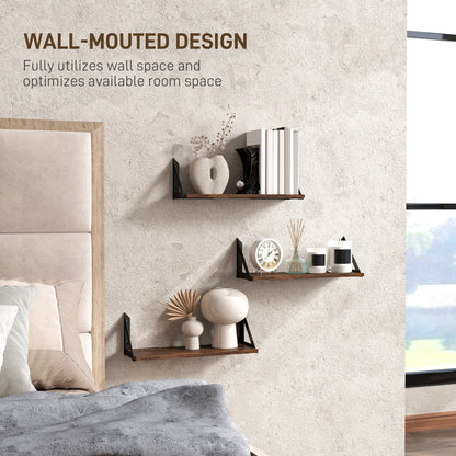 HOMCOM Set of 3 Wall Shelves, 43cm Vintage Wall Mounted Floating Shelves for Living Room, Entryway, Bedroom, Rustic Brown