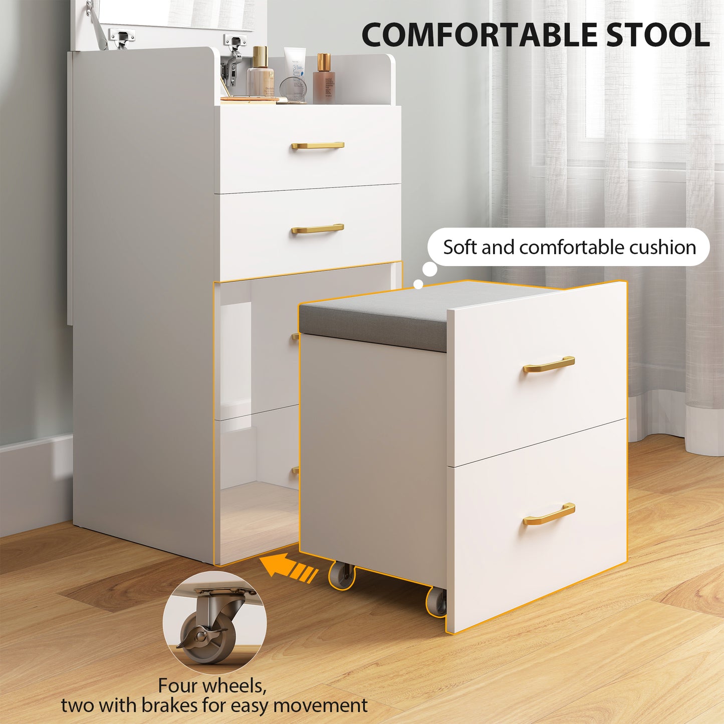 HOMCOM Compact Dressing Table and Stool Set, with Storage - White