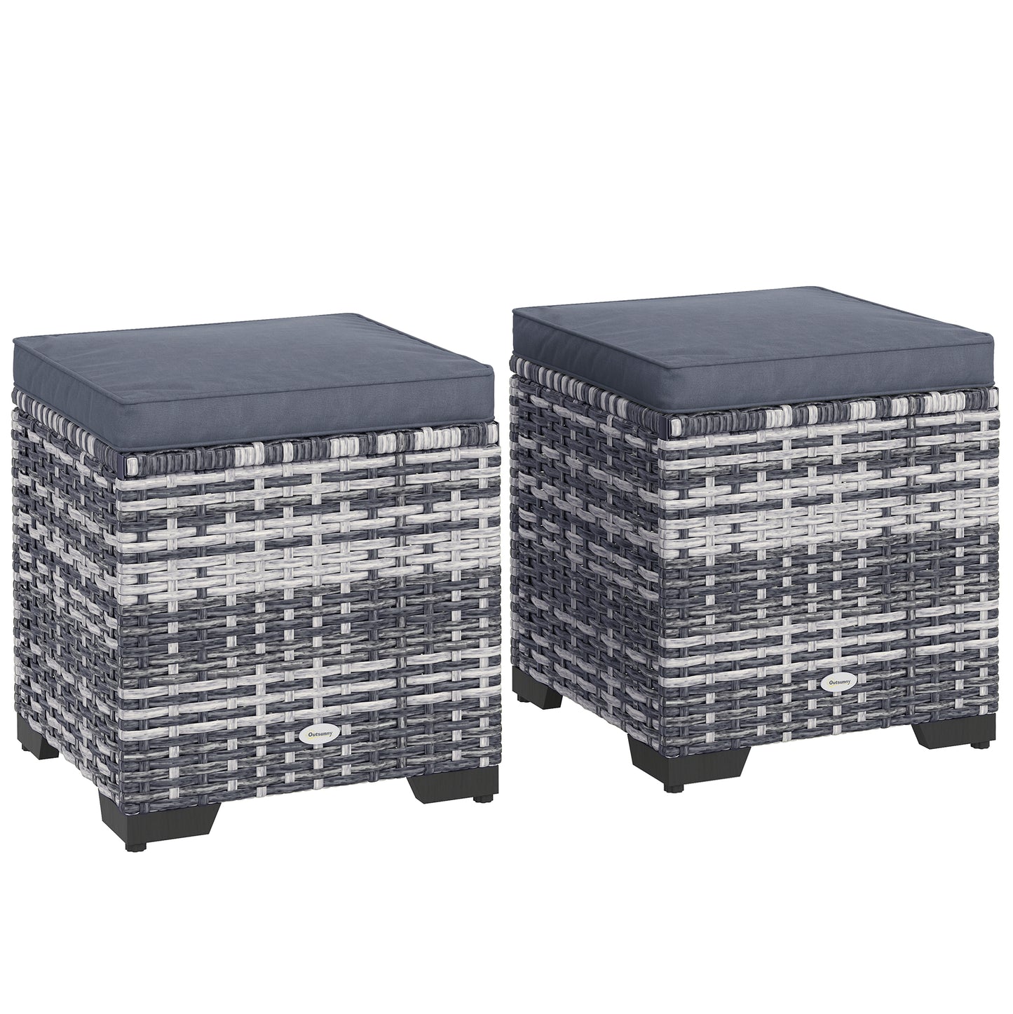 Outsunny Set of 2 Rattan Storage Ottoman, Outdoor Footstool with Removable Cushions, Garden Storage Seat for Balcony, Porch, Living Room, Dark Grey